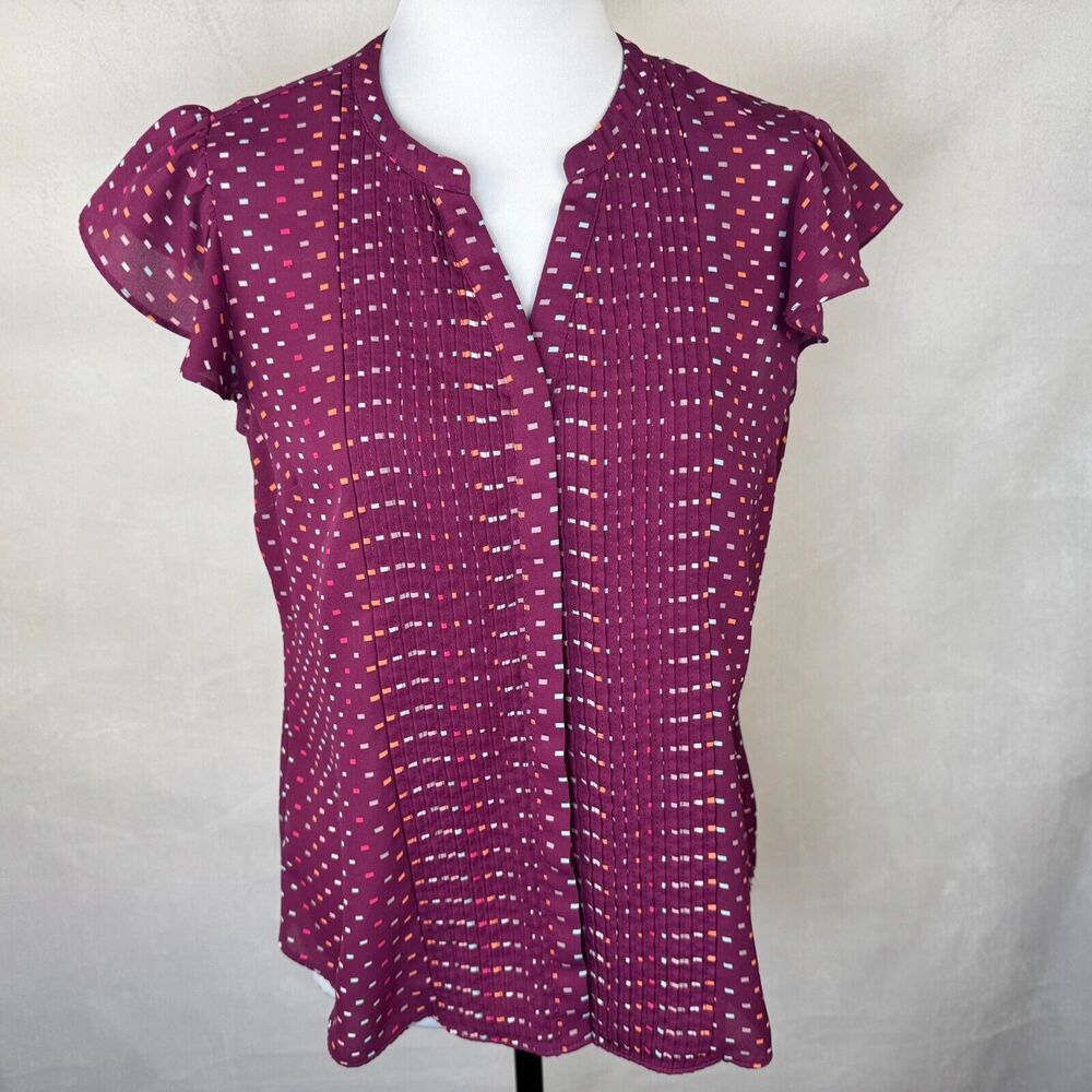 Simply Styled Petite Women Sz MP Red Printed Button Up Pleated Blouse Cap Sleeve